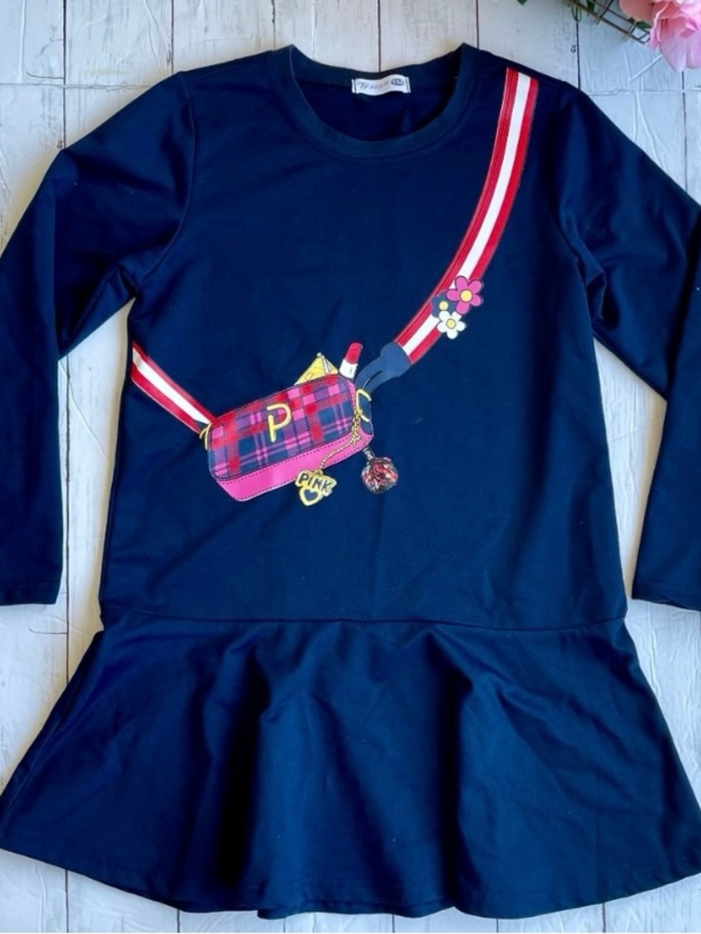Girls Navy Peplum Dress with Pink Plaid Bag Graphic